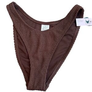 Brown Smocked Crinkle Extra High Leg Cheeky Bikini Bottom Low Rise NWT